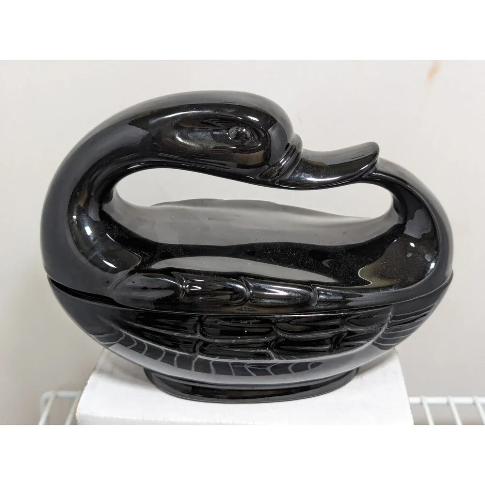 Vintage Fitz and Floyd Ceramic Black Swan Goose Covered Dish Trinket Candy